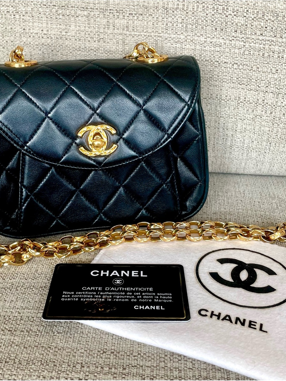 Vintage CHANEL Small Mini Square Flap Bag 24K Bijou Bijoux Chain Lambskin Black